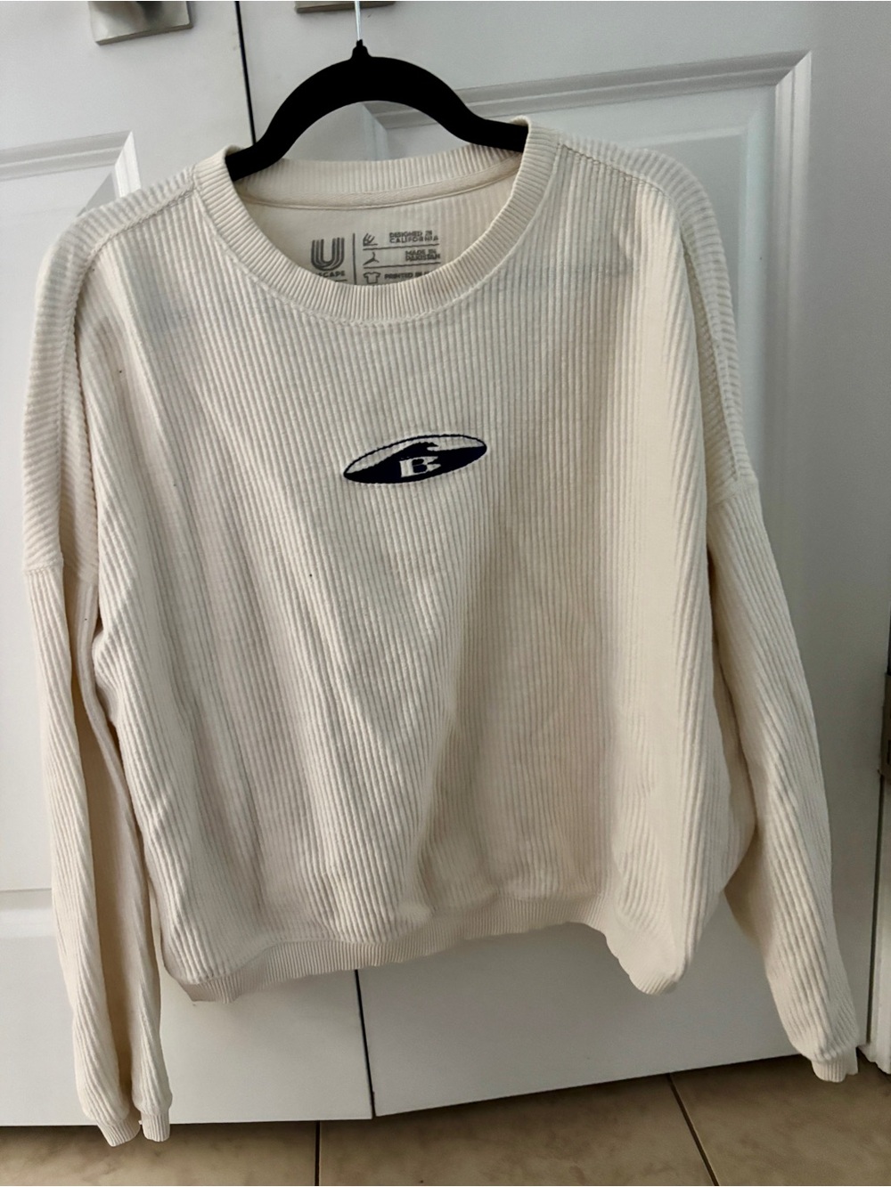 Cream Ribbed Long-Sleeve Sweatshirt with Embroidered Logo